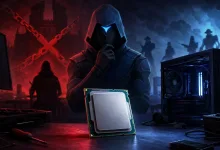 A hooded figure holds a CPU beside an open desktop PC, with crossed red chains suggesting a game hardware ban.