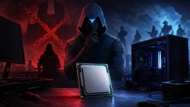 A hooded figure holds a CPU beside an open desktop PC, with crossed red chains suggesting a game hardware ban.