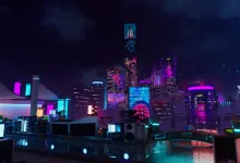 A neon-lit futuristic city skyline viewed from a rooftop terrace at night.