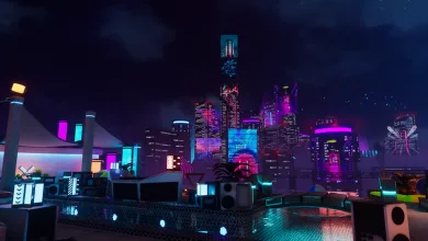 A neon-lit futuristic city skyline viewed from a rooftop terrace at night.