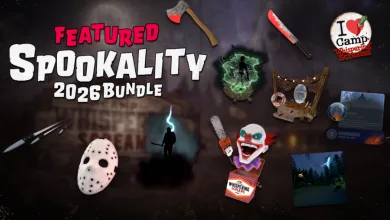 A collage of horror-themed items, avatar accessories, and Camp Whispering Screams imagery for VRChat Spookality 2026.