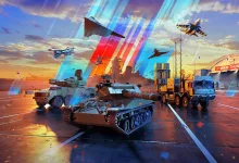 War Thunder tanks, aircraft, and support vehicles gathered beneath colorful beams of light.