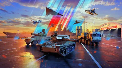 War Thunder tanks, aircraft, and support vehicles gathered beneath colorful beams of light.