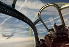 View from an aircraft cockpit with gauges in the foreground and another plane flying outside.