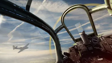 View from an aircraft cockpit with gauges in the foreground and another plane flying outside.