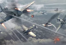 Several aircraft exchange fire above the clouds in War Thunder.