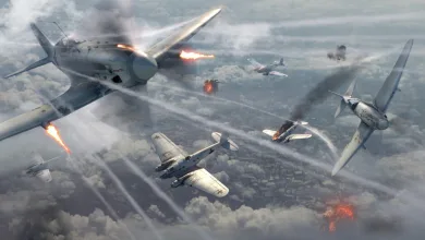 Several aircraft exchange fire above the clouds in War Thunder.