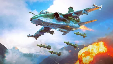 A War Thunder aircraft flies over a battlefield as several bombs fall toward an explosion.