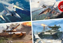A four-panel collage of War Thunder aircraft and ground vehicles in combat, with a red 50% discount badge.