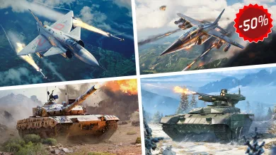 A four-panel collage of War Thunder aircraft and ground vehicles in combat, with a red 50% discount badge.
