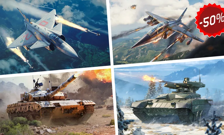 A four-panel collage of War Thunder aircraft and ground vehicles in combat, with a red 50% discount badge.