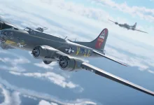 A B-17 bomber flies above the clouds with another aircraft in the distance.