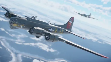 A B-17 bomber flies above the clouds with another aircraft in the distance.