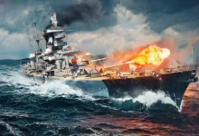 A War Thunder battleship fires its guns while moving through rough seas.