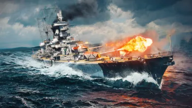 A War Thunder battleship fires its guns while moving through rough seas.