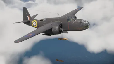 A British-marked Havoc Mk I flies through clouds with bombs falling beneath it.