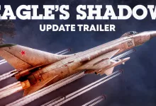 A fighter jet climbs through the sky, leaving contrails in the Eagle's Shadow update artwork.