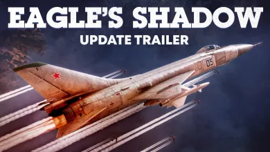 A fighter jet climbs through the sky, leaving contrails in the Eagle's Shadow update artwork.