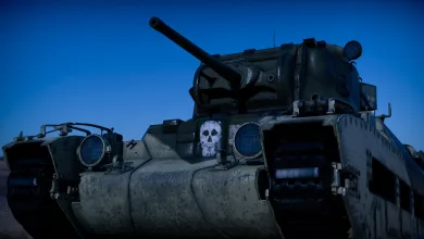 A close view of a War Thunder tank with a white skull decal on its front armor.