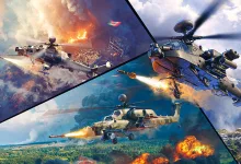 Three military helicopters fire missiles in separate combat scenes in War Thunder artwork.