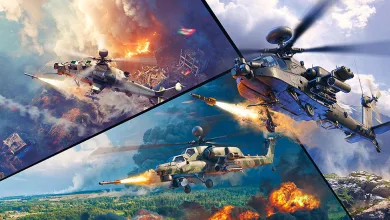 Three military helicopters fire missiles in separate combat scenes in War Thunder artwork.