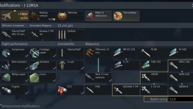War Thunder modifications screen showing the J-22M1A with a selected weapon loadout and a Battle Rating of 11.0.