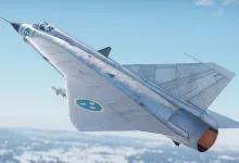 A silver Swedish-marked J35 Draken flies above the clouds.