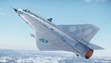 A silver Swedish-marked J35 Draken flies above the clouds.