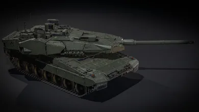 A Leopard 2A8 tank viewed from the front, with its turret and armor clearly visible.