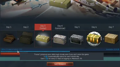 War Thunder login reward screen showing a daily reward timeline and explaining how stored Freezes preserve a login streak.