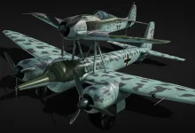 A Fw 190 fighter mounted above a Ju 88 bomber in the Mistel 2 configuration.