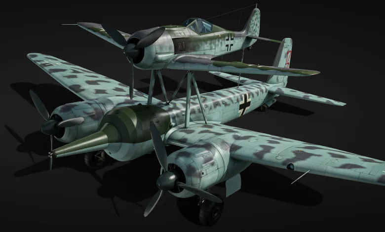 A Fw 190 fighter mounted above a Ju 88 bomber in the Mistel 2 configuration.