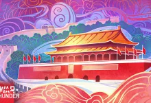 Stylized War Thunder artwork showing a red Chinese palace with the Great Wall and decorative clouds behind it