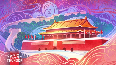 Stylized War Thunder artwork showing a red Chinese palace with the Great Wall and decorative clouds behind it
