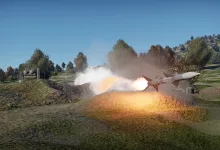 A surface-to-air missile launches from a ground site in War Thunder.