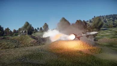 A surface-to-air missile launches from a ground site in War Thunder.