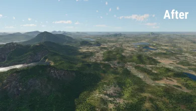 Aerial view of Southeastern City’s rebuilt terrain, with forested mountains, lakes, and villages.