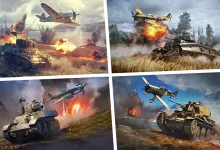 A collage of War Thunder tanks and aircraft engaged in combat.