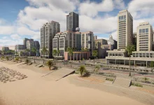 High-rise hotels and palm-lined streets beside a sandy beach in War Thunder.