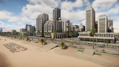 High-rise hotels and palm-lined streets beside a sandy beach in War Thunder.