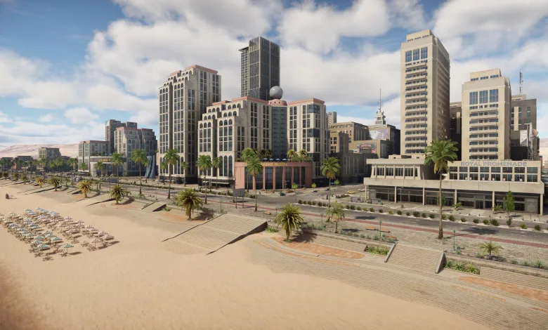 High-rise hotels and palm-lined streets beside a sandy beach in War Thunder.