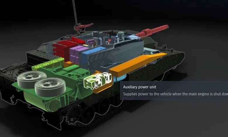 A cutaway view of a tank with the auxiliary power unit highlighted in green.