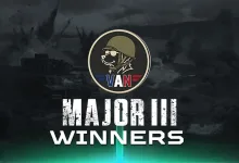 Team VAN emblem above Major III Winners lettering over a dark tank battle scene