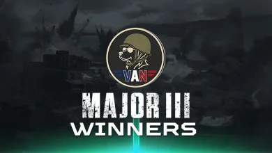 Team VAN emblem above Major III Winners lettering over a dark tank battle scene
