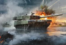 A War Thunder tank advances through smoke and rain as explosions erupt behind it.