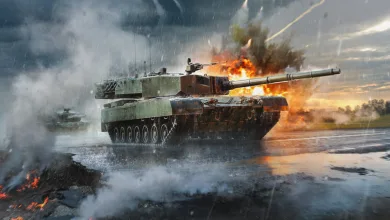A War Thunder tank advances through smoke and rain as explosions erupt behind it.