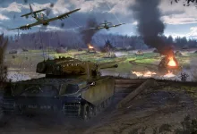 A tank advances across a battlefield as aircraft fly overhead in War Thunder.