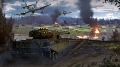 A tank advances across a battlefield as aircraft fly overhead in War Thunder.