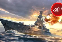 The USS Maryland battleship fires its guns at sea beneath a red 30% discount emblem.