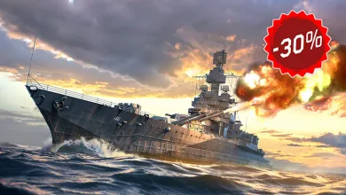 The USS Maryland battleship fires its guns at sea beneath a red 30% discount emblem.